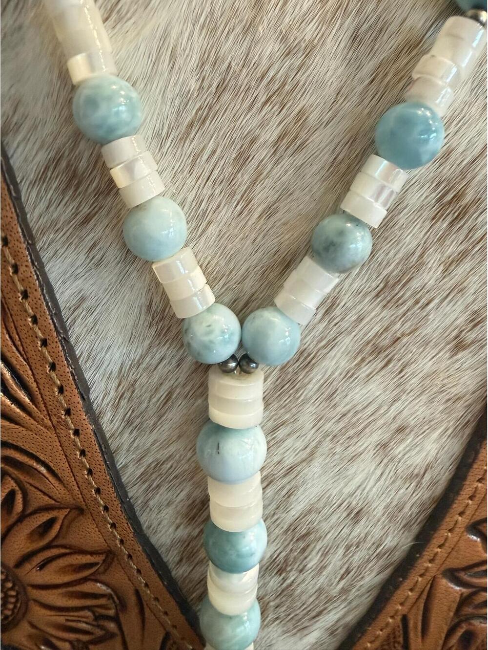 Coastal Caribbean Larimar & MOP White Shell Heishi Lariat Necklace 20 - 22" - Picture 8 of 9